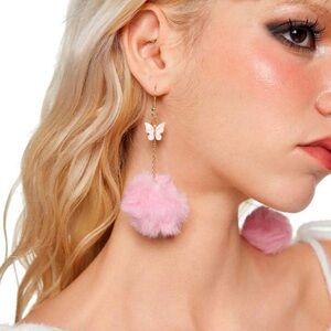 NWOT Pink Butterfly & Furball Drop Earrings